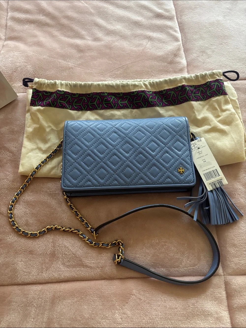 Tory Burch Dusty Blue Quilted Leather Chain Crossbody